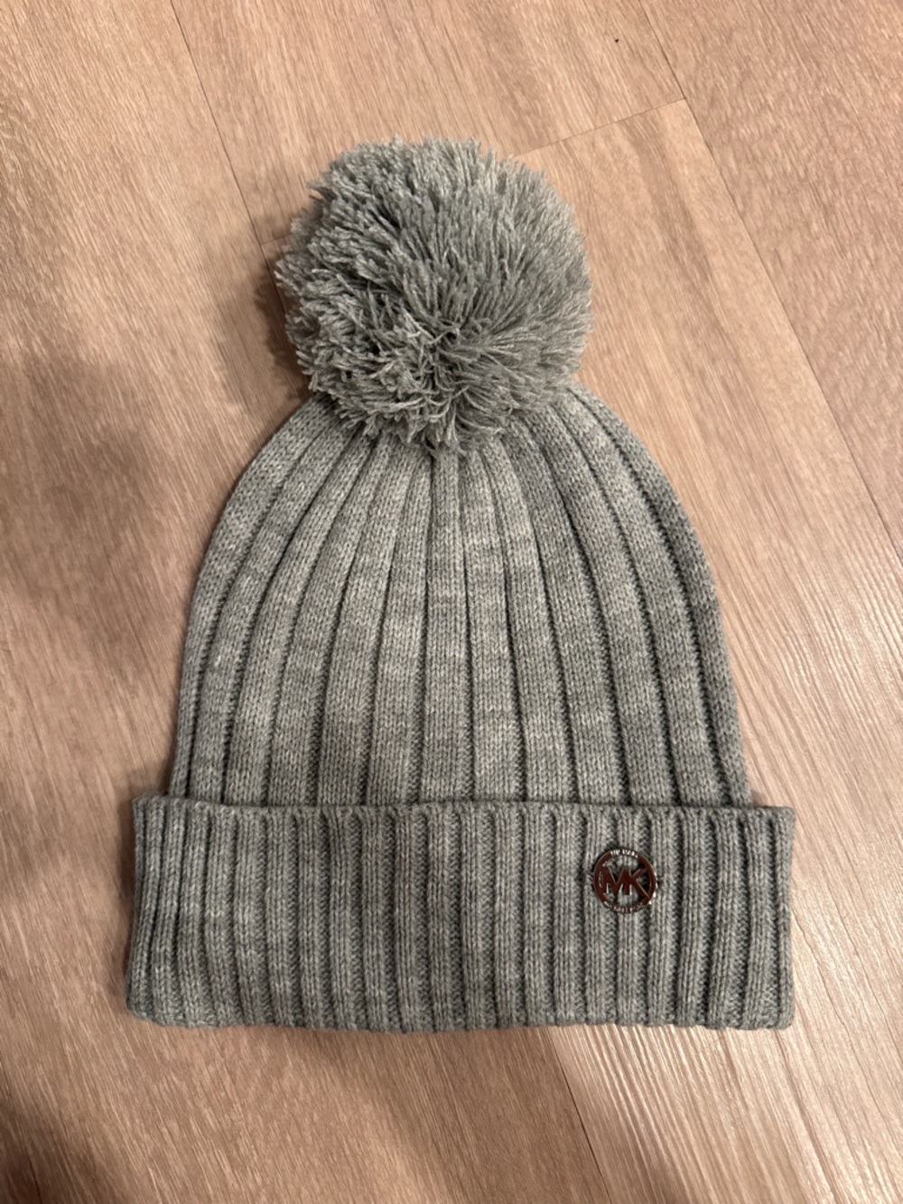 Michael Kors Light Gray Knit Pom Beanie with Logo Tag